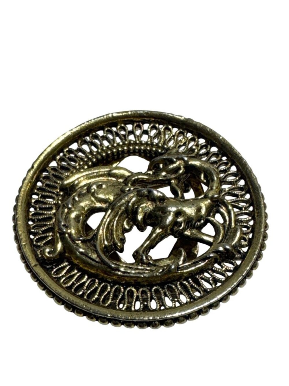 ART Signed Vtg Phoenix Dragon Scarf Clip Brooch Filigree Gold-Tone Circular Desi